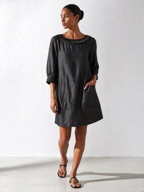 Weekend Max Mara Chambray Shift Dress Black Beaded Neckline Linen Cotton 8